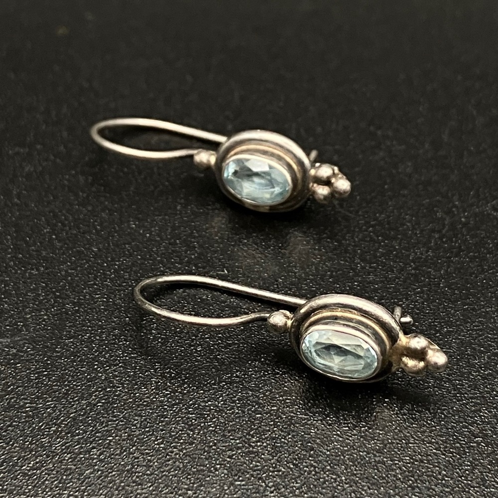 Vintage Sterling Silver Drop Earrings Blue Stone Oval Granulated Dangle - Picture 3 of 9